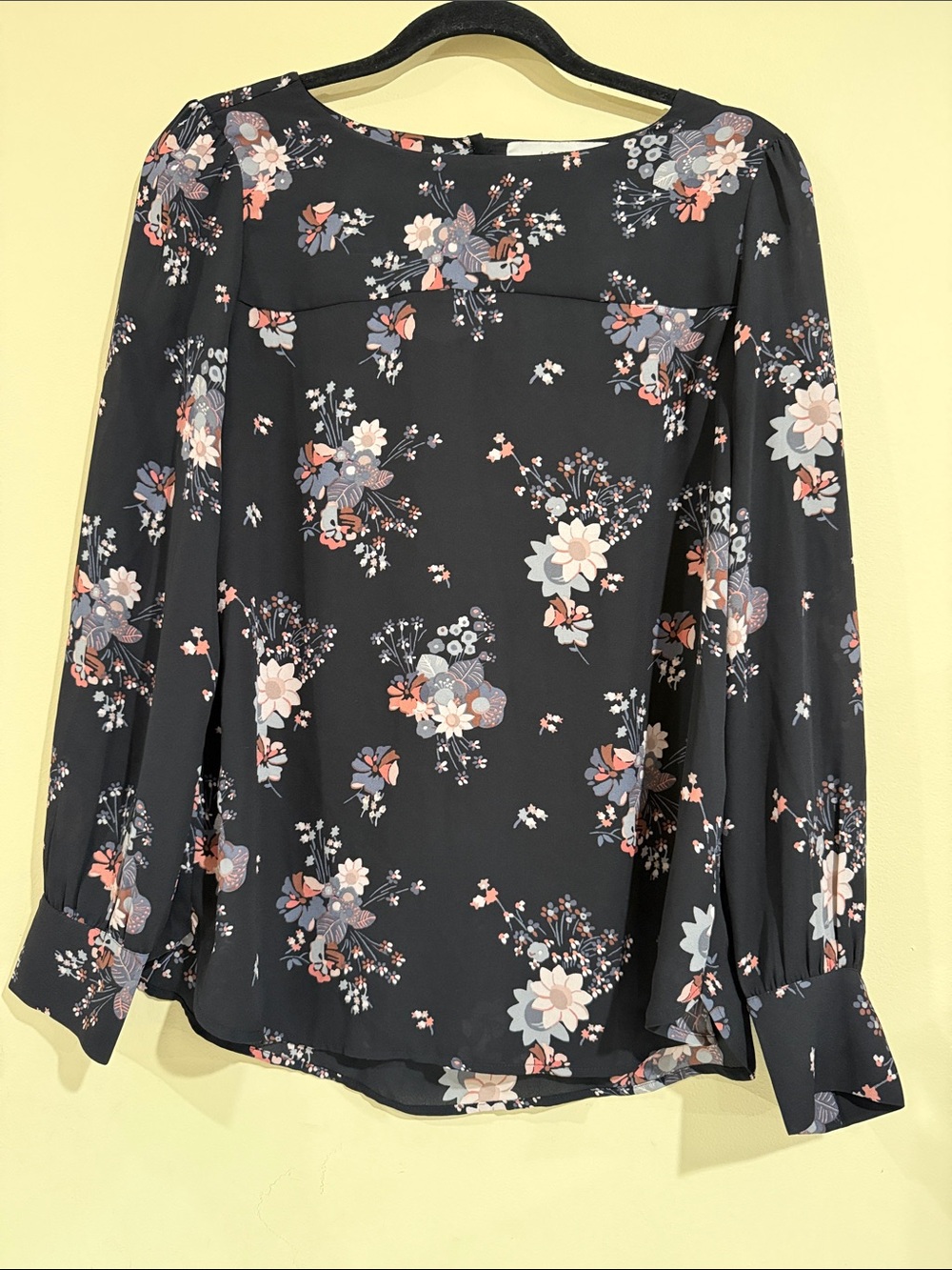 LOFT Black Floral Long-Sleeve Blouse with Pink & Cream Accents size medium